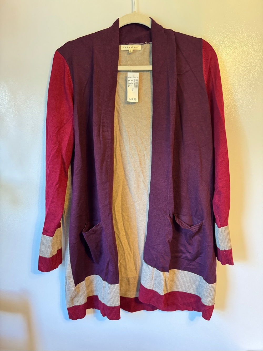 dressbarn Colorblock Open Cardigan in Purple, Red & Cream